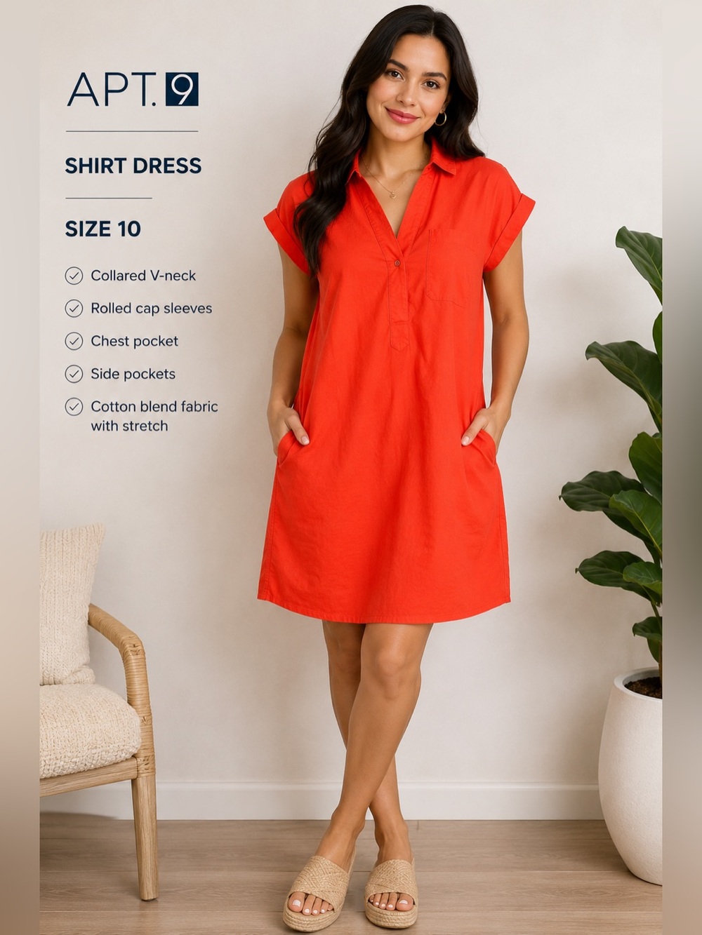 APT. 9 Orange Shirt Dress Casual Collared Mini Dress with Pockets coastal/10